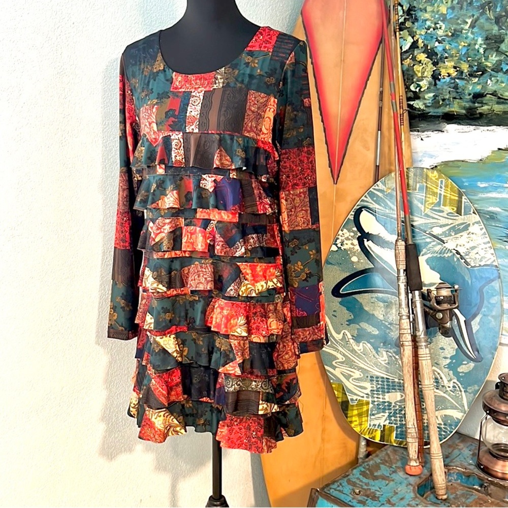Isle by Melis Kazan Bohemian Patchwork Long Sleeve Ruffle Dress
